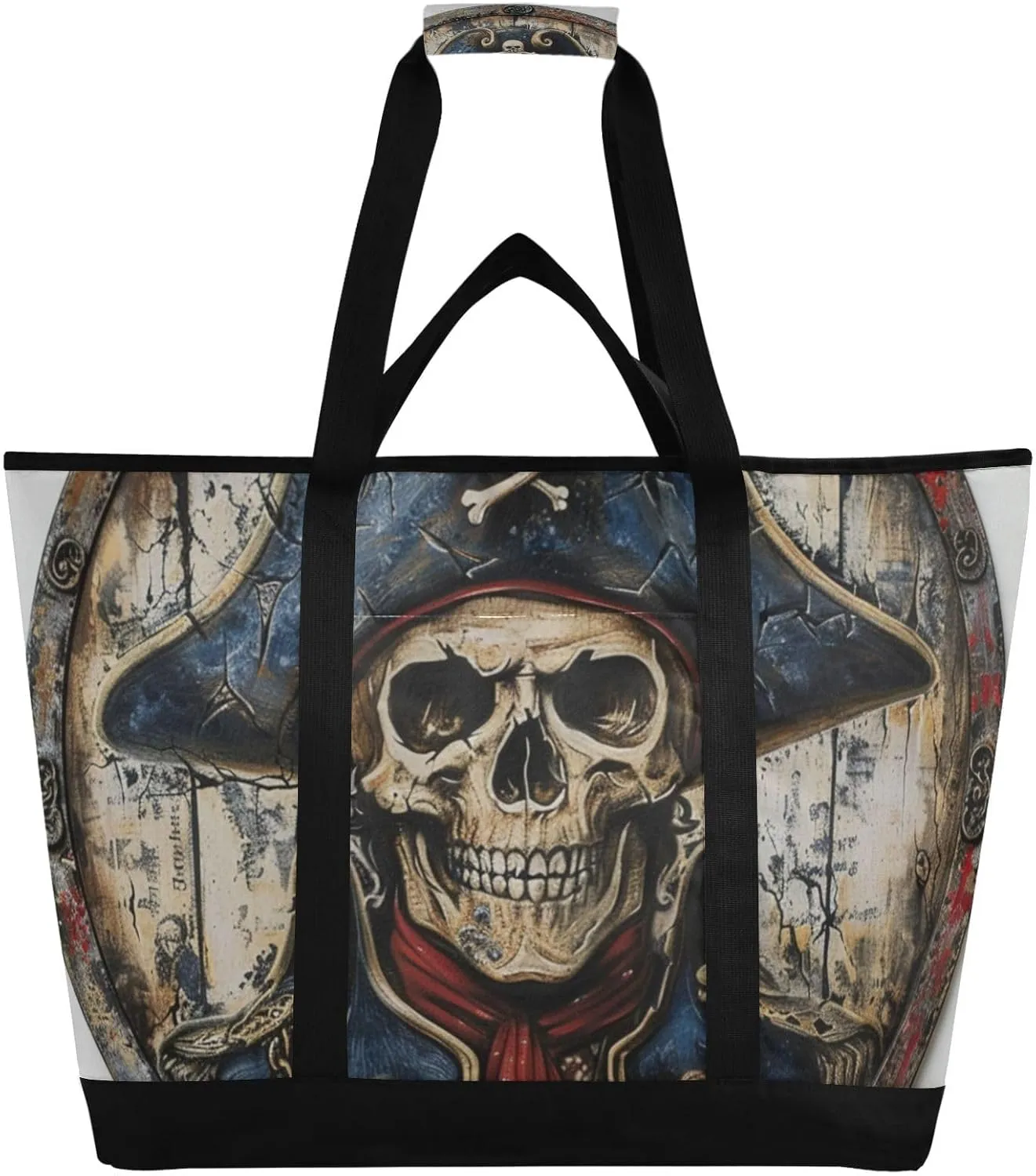 Pirate Skeleton Blue Hat Large Insulated Reusable Tote Bag for Grocery Shopping for Women Men, Cooler Bag with Zippered Top & Handles for Travel Beach Picnic