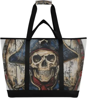 Pirate Skeleton Blue Hat Large Insulated Reusable Tote Bag for Grocery Shopping for Women Men, Cooler Bag with Zippered Top & Handles for Travel Beach Picnic