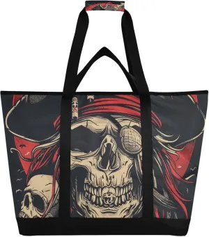 Pirate Skull Hat Red Large Insulated Reusable Tote Bag for Grocery Shopping for Women Men, Cooler Bag with Zippered Top & Handles for Travel Beach Picnic