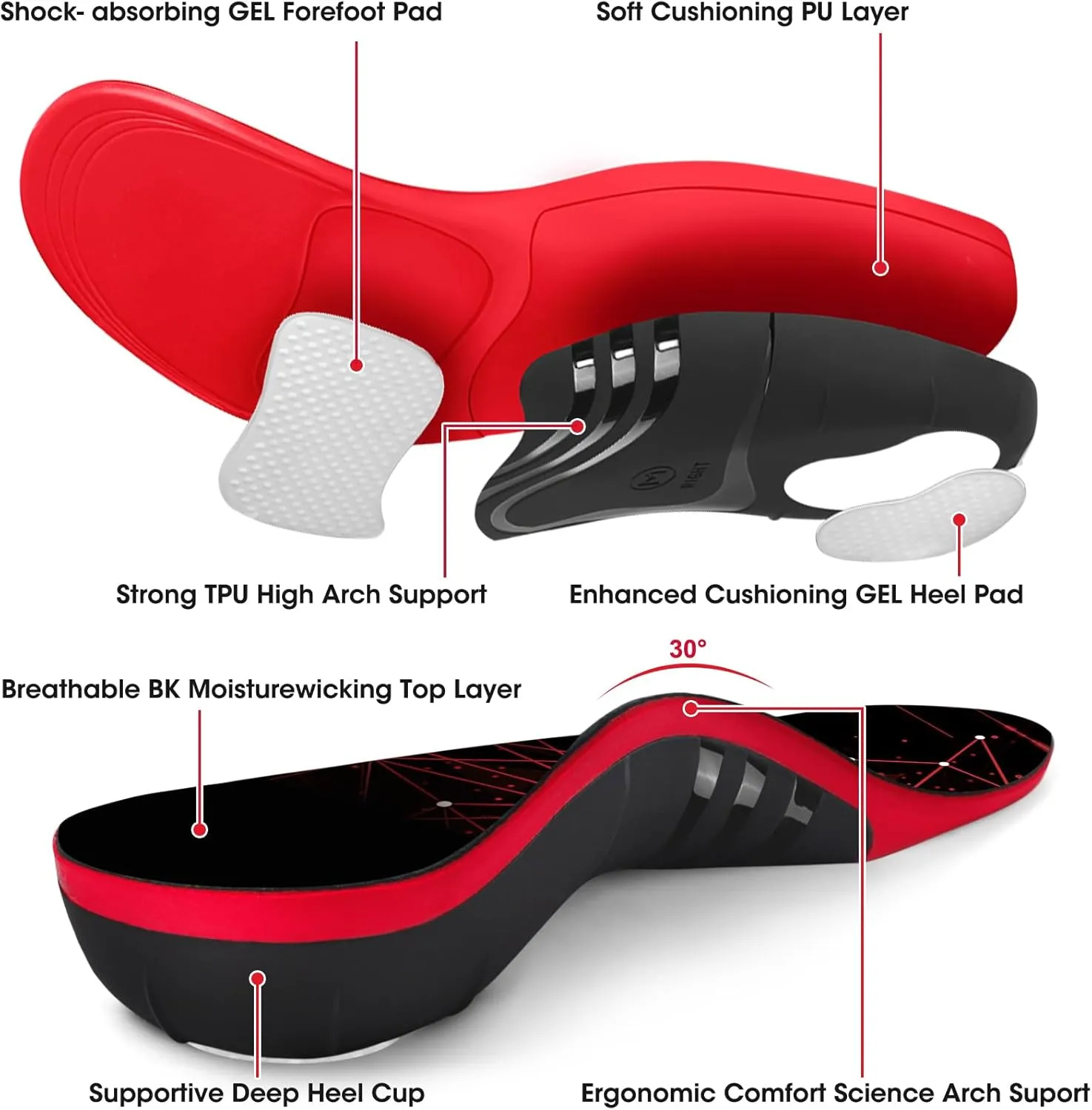 Plantar Fasciitis Insoles, High Arch Support Inserts for Men Women, 220  lbs Heavy Duty Pain Relief Orthotic Flat Feet Work Boot Running Athletic Insole for Standing All Day, Black-XL
