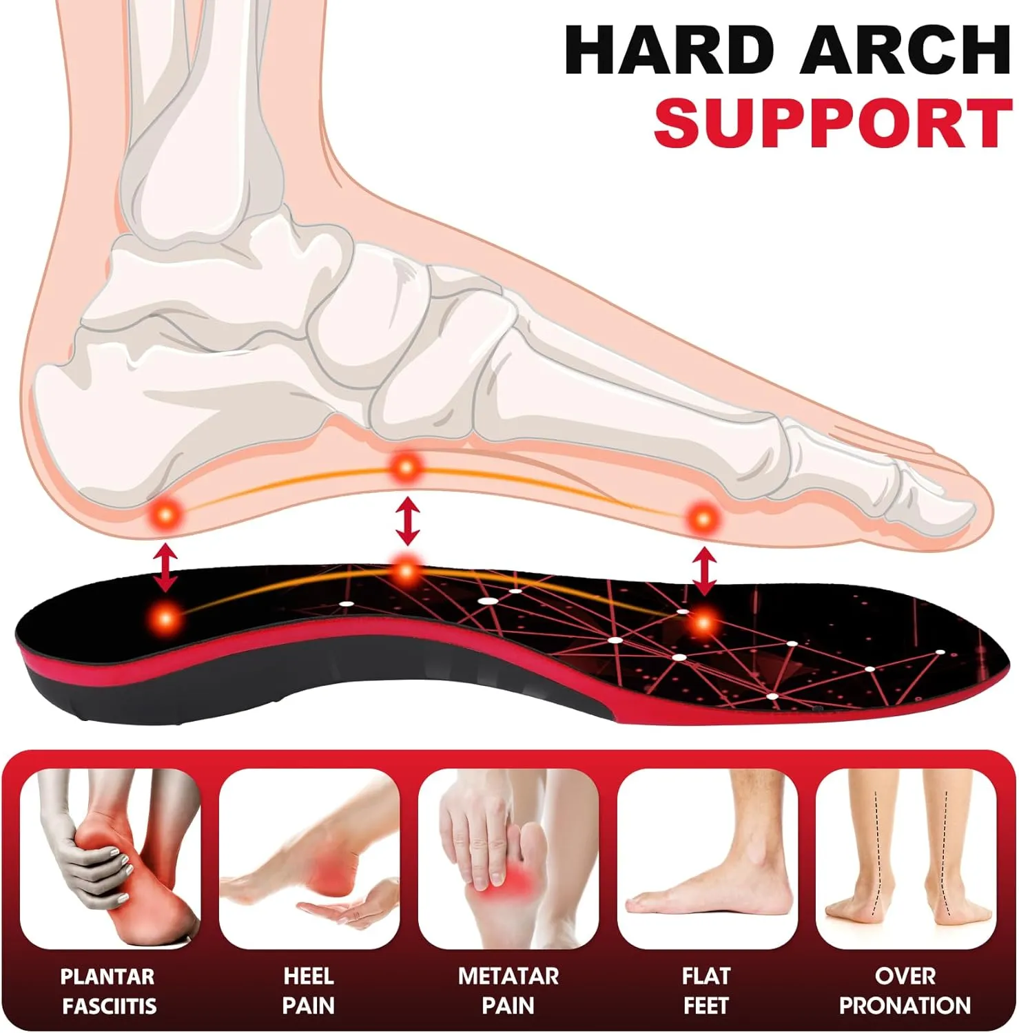 Plantar Fasciitis Insoles, High Arch Support Inserts for Men Women, 220  lbs Heavy Duty Pain Relief Orthotic Flat Feet Work Boot Running Athletic Insole for Standing All Day, Black-XL