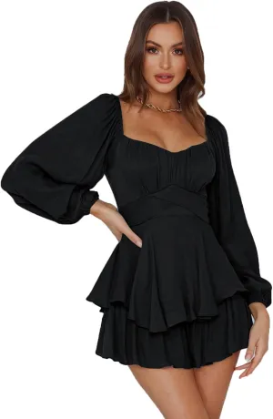 Plustrong Women's Lantern Long Sleeve Square Neck Ruffle Layer Mini Short Romper Jumpsuit