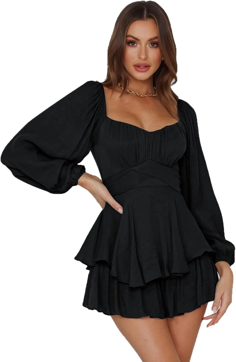 Plustrong Women's Lantern Long Sleeve Square Neck Ruffle Layer Mini Short Romper Jumpsuit
