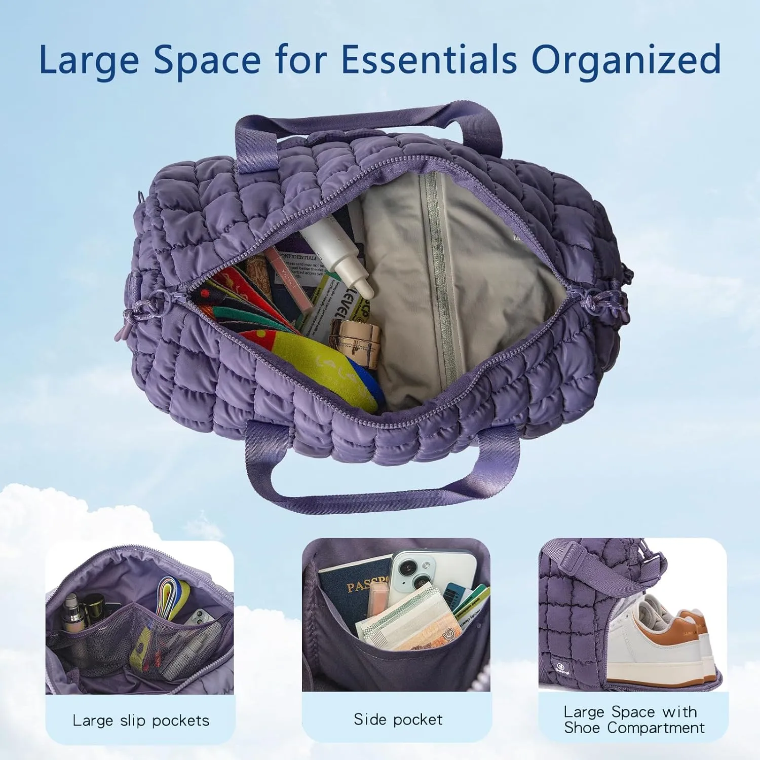Quilted Gym Bag for Women,Duffle Bag for Travel with Wet Pocket,Carry on Weekender Bags for Women,Travel Bag with Shoe Compartment(Purple)