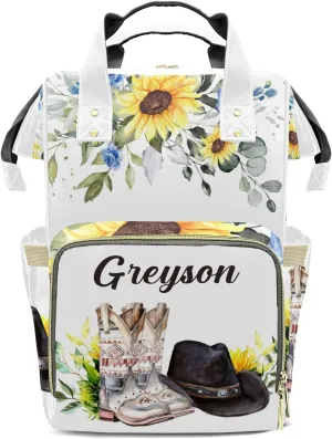 Retro Cowboy Boot Hat Personalized Large Capacity Diaper Bags,Custom Name Backpack Casual Daypack Bag Nappy Bag Gifts
