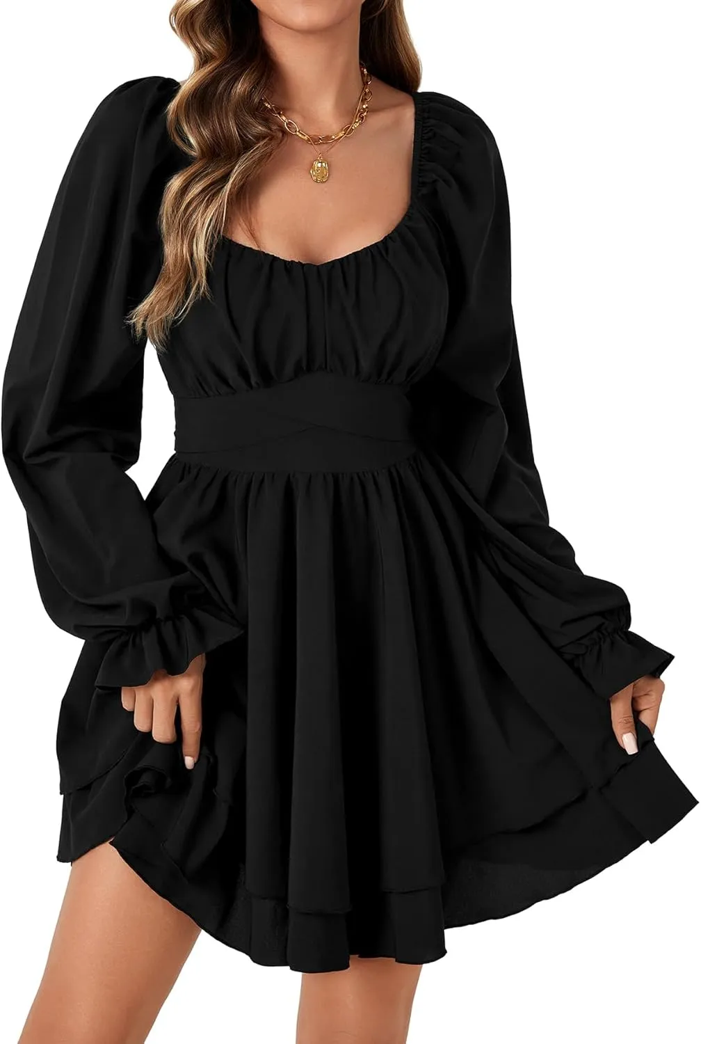 Rooscier Women's Lantern Flounce Long Sleeve Ruffle Layer Tie Mini Short Dress