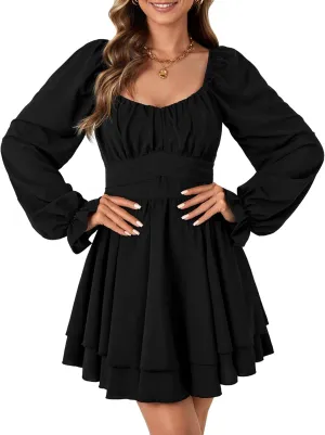 Rooscier Women's Lantern Flounce Long Sleeve Ruffle Layer Tie Mini Short Dress