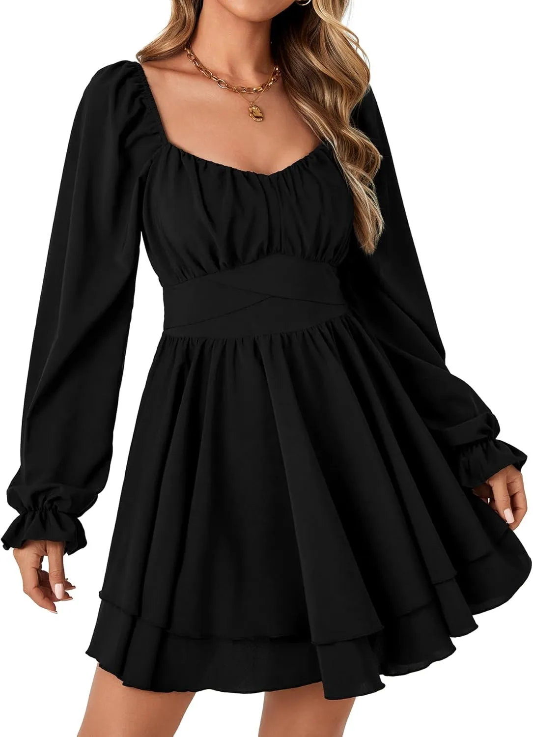 Rooscier Women's Lantern Flounce Long Sleeve Ruffle Layer Tie Mini Short Dress