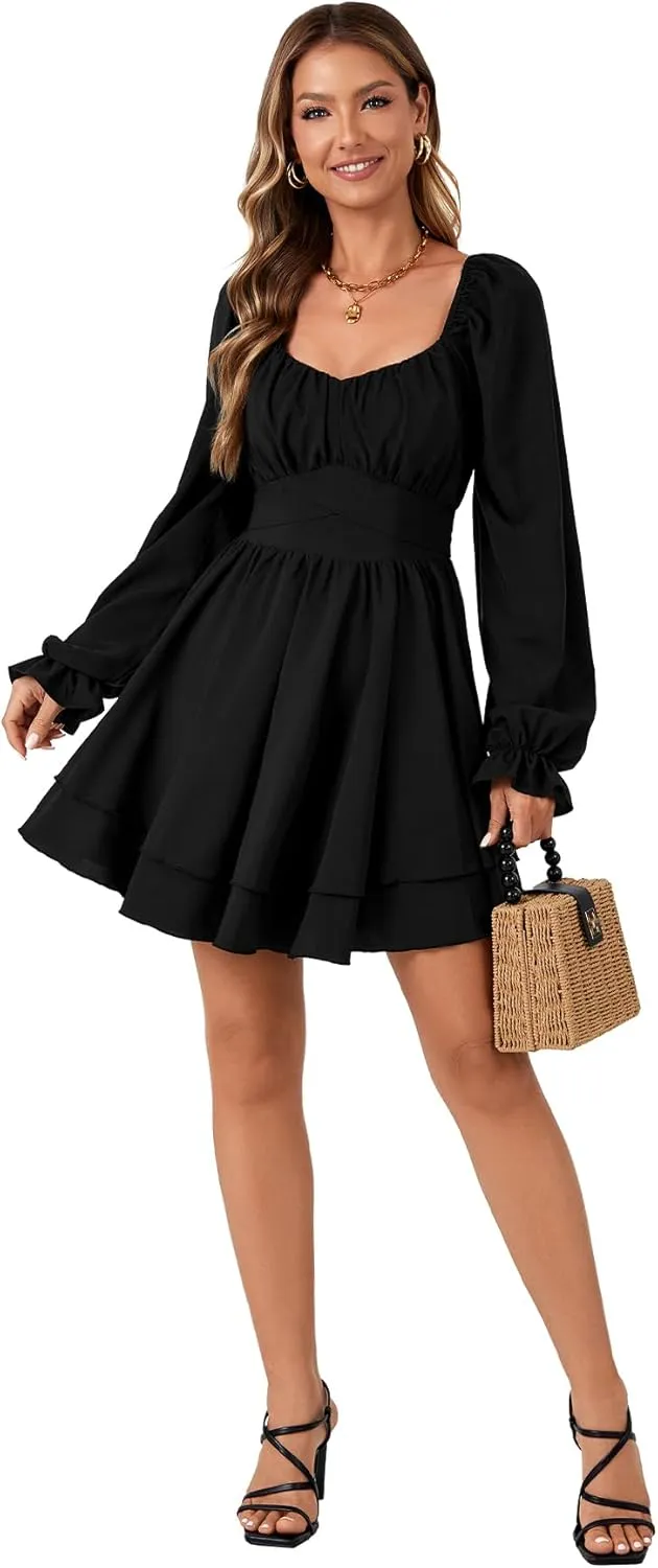 Rooscier Women's Lantern Flounce Long Sleeve Ruffle Layer Tie Mini Short Dress