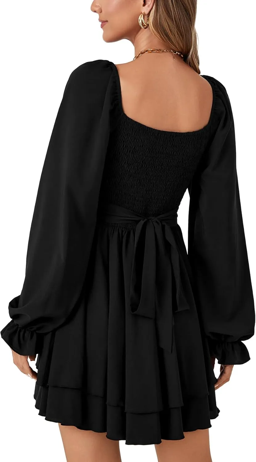 Rooscier Women's Lantern Flounce Long Sleeve Ruffle Layer Tie Mini Short Dress