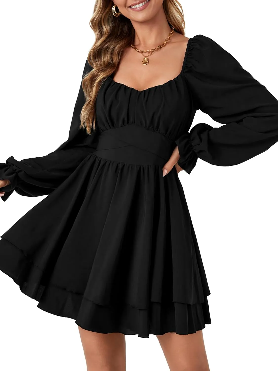Rooscier Women's Lantern Flounce Long Sleeve Ruffle Layer Tie Mini Short Dress