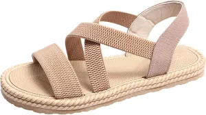 Sandals for Women Summer Beach Boho Sandals Dressy Low Wedge Sandal Elastic Ankle Strap Sandal Casual Walking Shoes