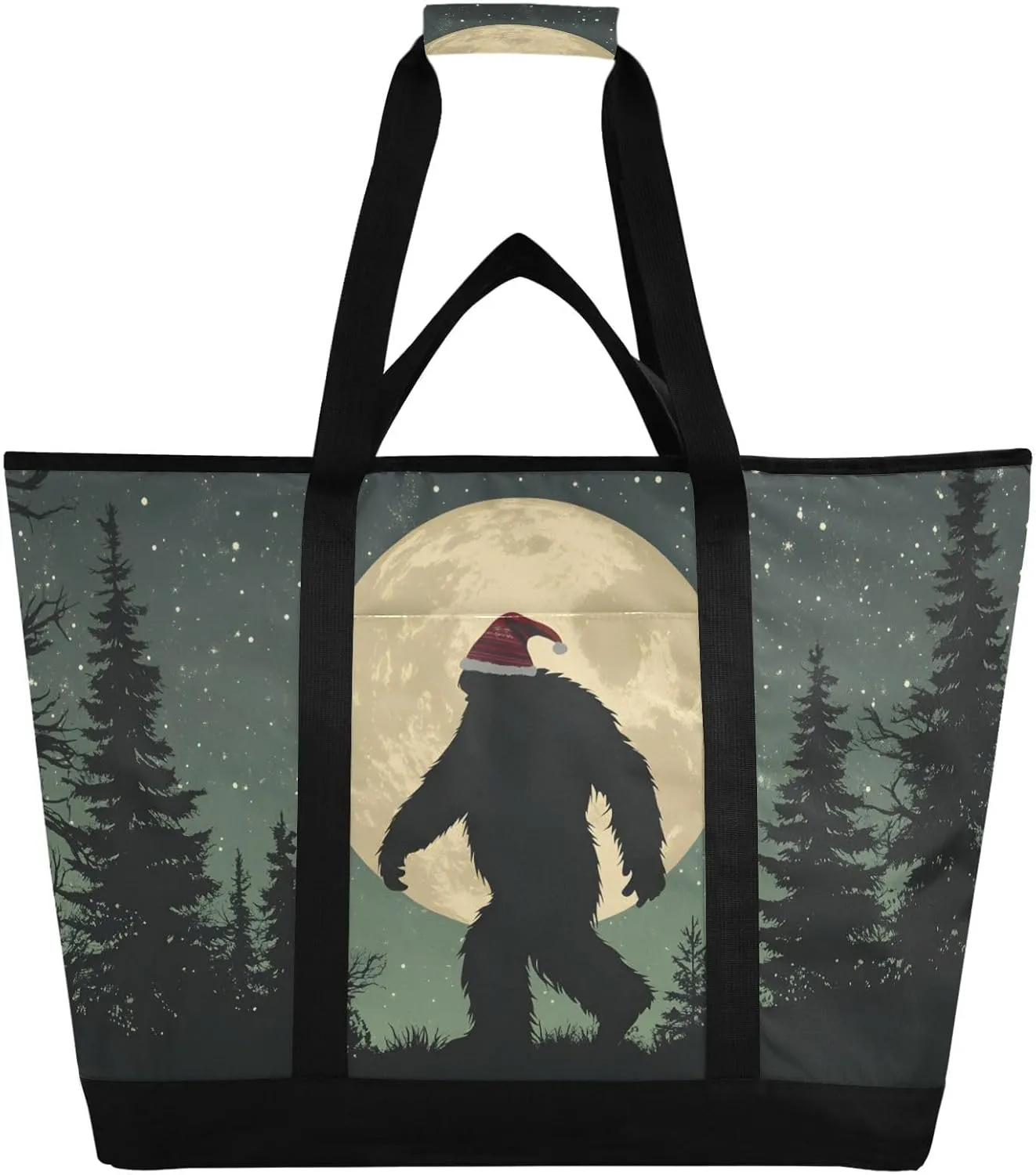Sasquatch Christmas Hat Funny Large Insulated Reusable Tote Bag for Grocery Shopping for Women Men, Cooler Bag with Zippered Top & Handles for Travel Beach Picnic
