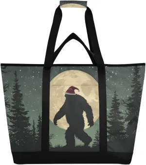 Sasquatch Christmas Hat Funny Large Insulated Reusable Tote Bag for Grocery Shopping for Women Men, Cooler Bag with Zippered Top & Handles for Travel Beach Picnic