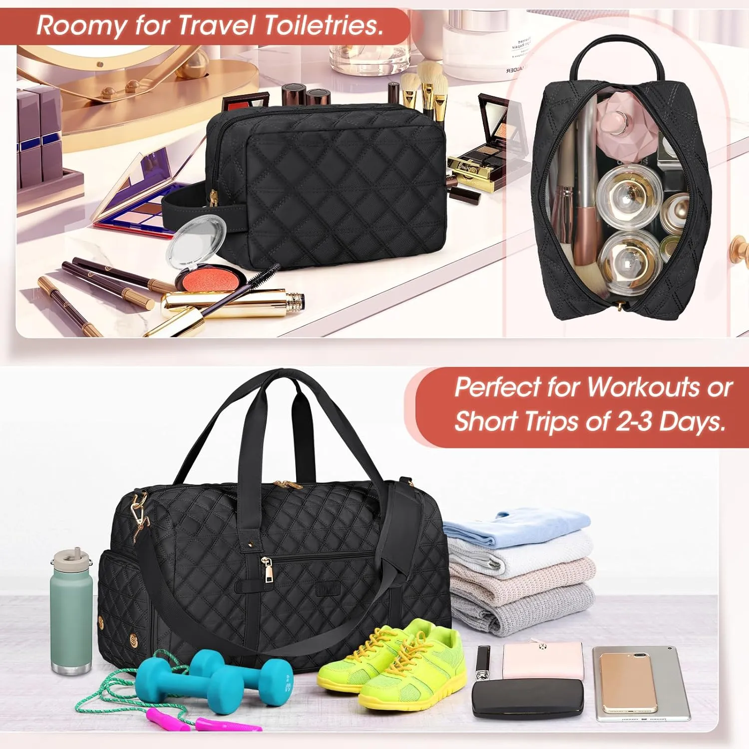 SDYSM Gym Bag for Women, Travel Duffle Bag with Shoe Compartment & Wet Pocket Waterproof Carry On Weekender for Sports, Yoga, Gym (Black)