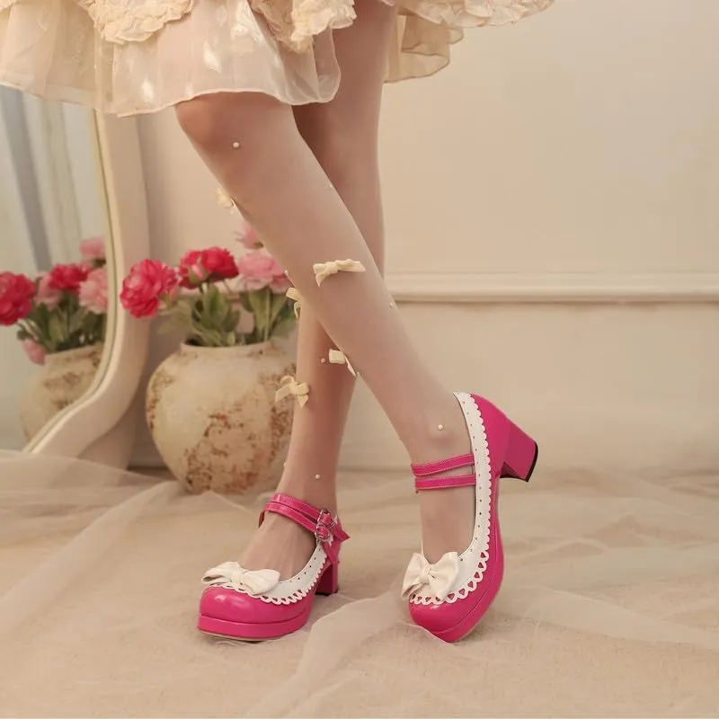 Seborluys Lolita Chunky Heel Mary Janes Shoes Womens with Bow Kawaii Cute Dress Platform Strappy Pumps Costume Cosplay Round Toe Pump Shoe Sweet Rockabilly Pumps