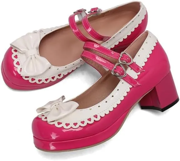 Seborluys Lolita Chunky Heel Mary Janes Shoes Womens with Bow Kawaii Cute Dress Platform Strappy Pumps Costume Cosplay Round Toe Pump Shoe Sweet Rockabilly Pumps