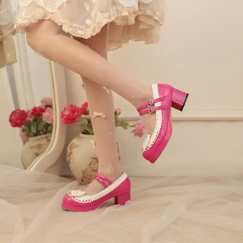 Seborluys Lolita Chunky Heel Mary Janes Shoes Womens with Bow Kawaii Cute Dress Platform Strappy Pumps Costume Cosplay Round Toe Pump Shoe Sweet Rockabilly Pumps