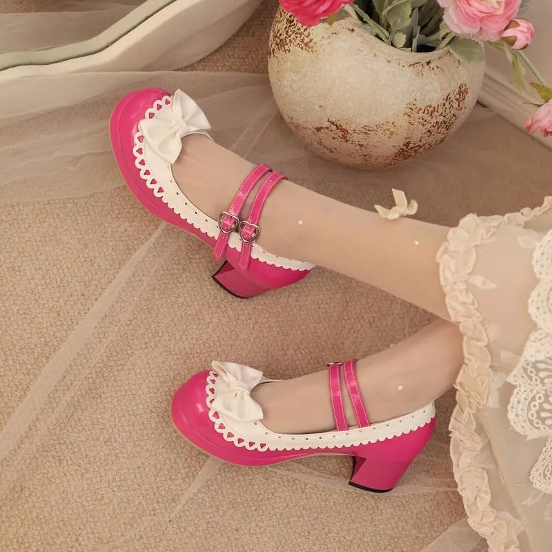 Seborluys Lolita Chunky Heel Mary Janes Shoes Womens with Bow Kawaii Cute Dress Platform Strappy Pumps Costume Cosplay Round Toe Pump Shoe Sweet Rockabilly Pumps