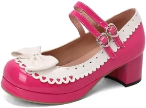 Seborluys Lolita Chunky Heel Mary Janes Shoes Womens with Bow Kawaii Cute Dress Platform Strappy Pumps Costume Cosplay Round Toe Pump Shoe Sweet Rockabilly Pumps
