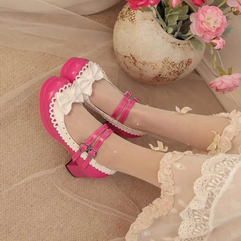 Seborluys Lolita Chunky Heel Mary Janes Shoes Womens with Bow Kawaii Cute Dress Platform Strappy Pumps Costume Cosplay Round Toe Pump Shoe Sweet Rockabilly Pumps