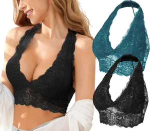 SHEKINI Lace Halter Bra Bralette Top Padded Wireless Bra Pullover Racerback Breathable Lingerie 2 Pack