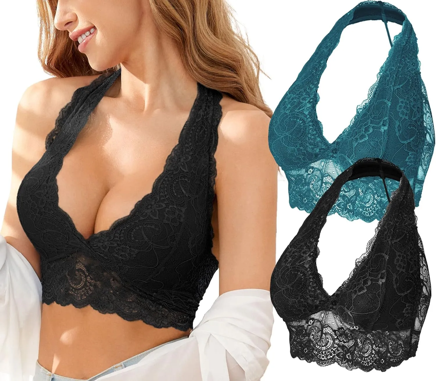 SHEKINI Lace Halter Bra Bralette Top Padded Wireless Bra Pullover Racerback Breathable Lingerie 2 Pack