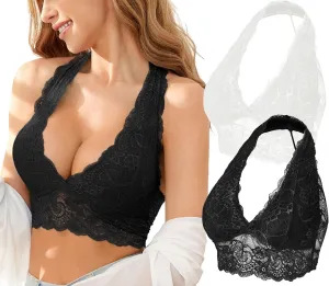 SHEKINI Lace Halter Bra Bralette Top Padded Wireless Bra Pullover Racerback Breathable Lingerie 2 Pack