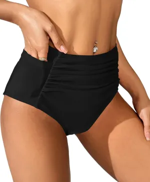 SherryDC Women's High Waisted Swimsuit Bottom Ruched Tummy Control Bikini Swim Bottom Tankini Briefs with Two Pockets