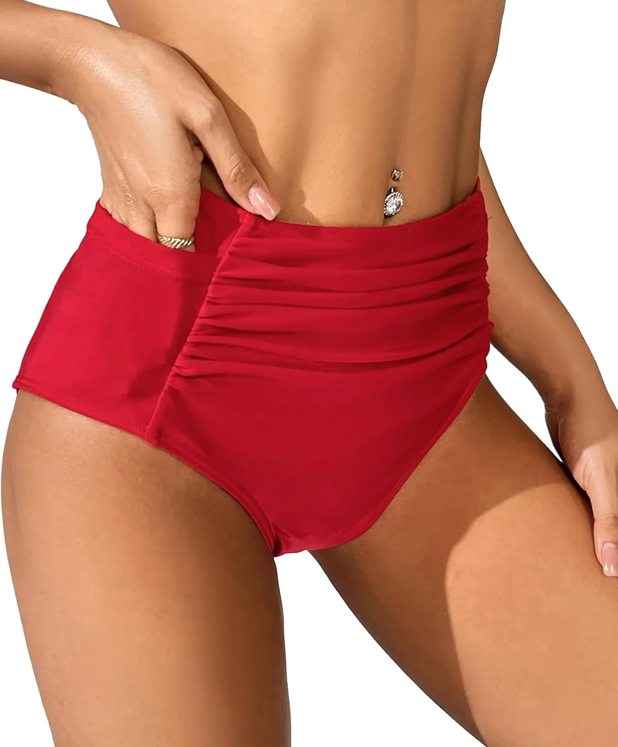 SherryDC Women's High Waisted Swimsuit Bottom Ruched Tummy Control Bikini Swim Bottom Tankini Briefs with Two Pockets