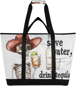 Skeleton Funny Hat Large Insulated Reusable Tote Bag for Grocery Shopping for Women Men, Cooler Bag with Zippered Top & Handles for Travel Beach Picnic