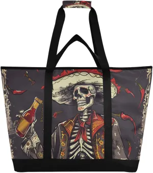 Skeleton Hat Beer Large Insulated Reusable Tote Bag for Grocery Shopping for Women Men, Cooler Bag with Zippered Top & Handles for Travel Beach Picnic
