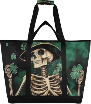 Skeleton Stpatricks Day Hat Large Insulated Tote Bag for Grocery Shopping Reusable Tote Bags for Women Men, Cooler Bag with Zippered Top & Handles for Beach Picnic Travel