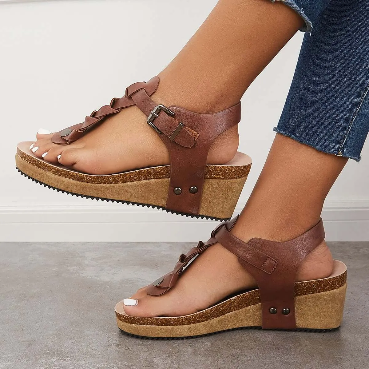 Sohiwoo Women Boho Braided T-Strap Sandals Cork Platform Wedges