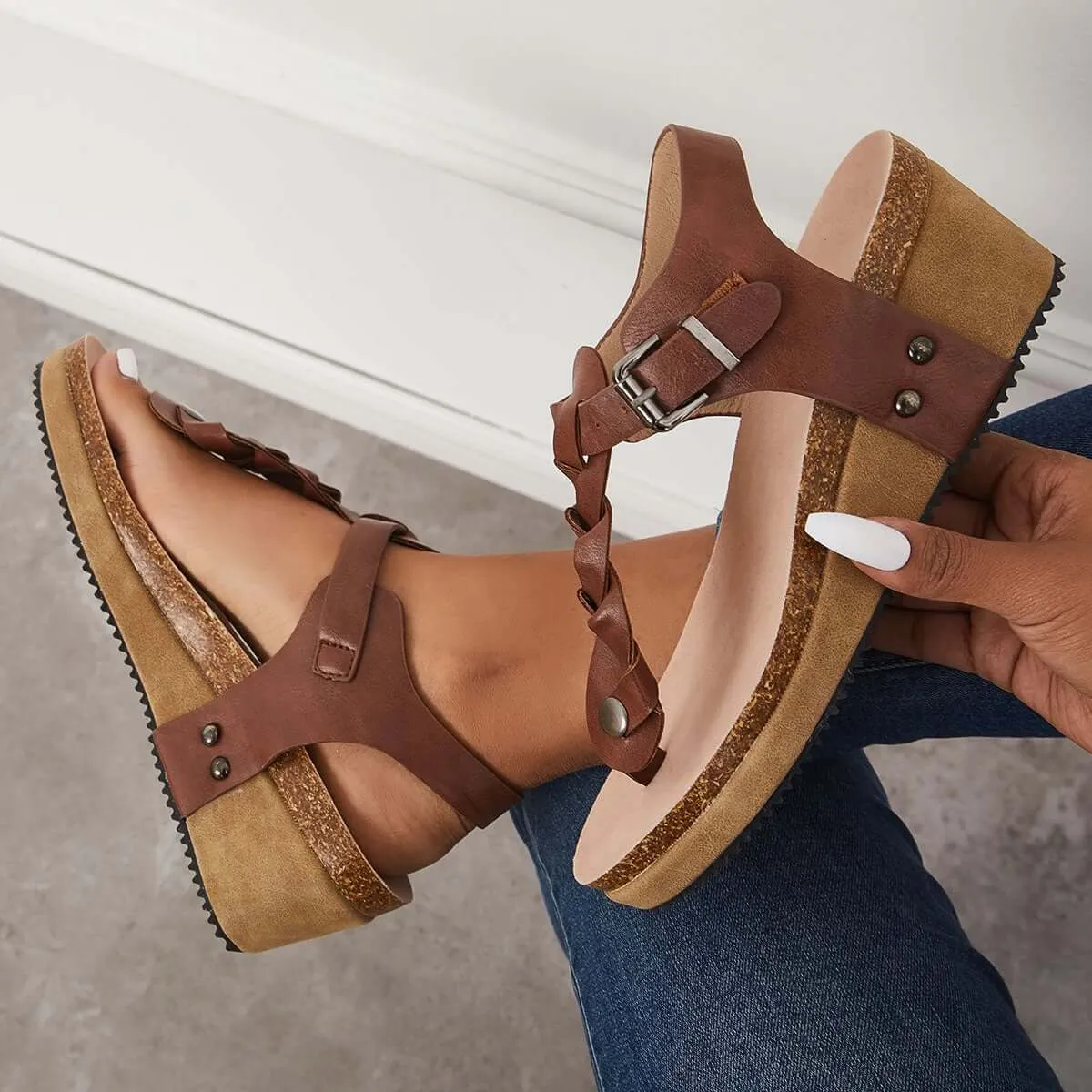 Sohiwoo Women Boho Braided T-Strap Sandals Cork Platform Wedges