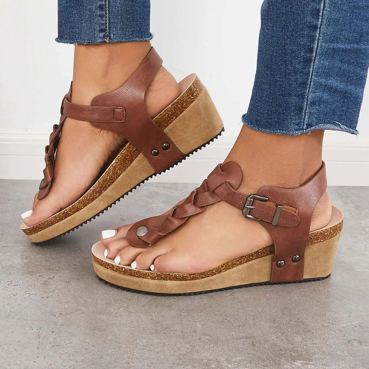 Sohiwoo Women Boho Braided T-Strap Sandals Cork Platform Wedges