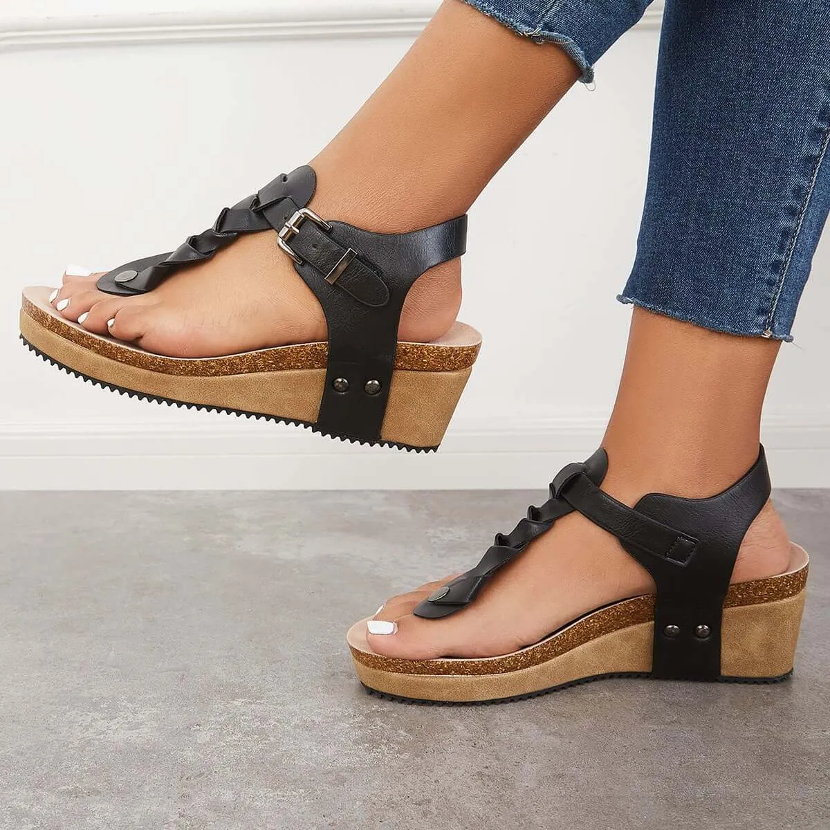 Sohiwoo Women Boho Braided T-Strap Sandals Cork Platform Wedges