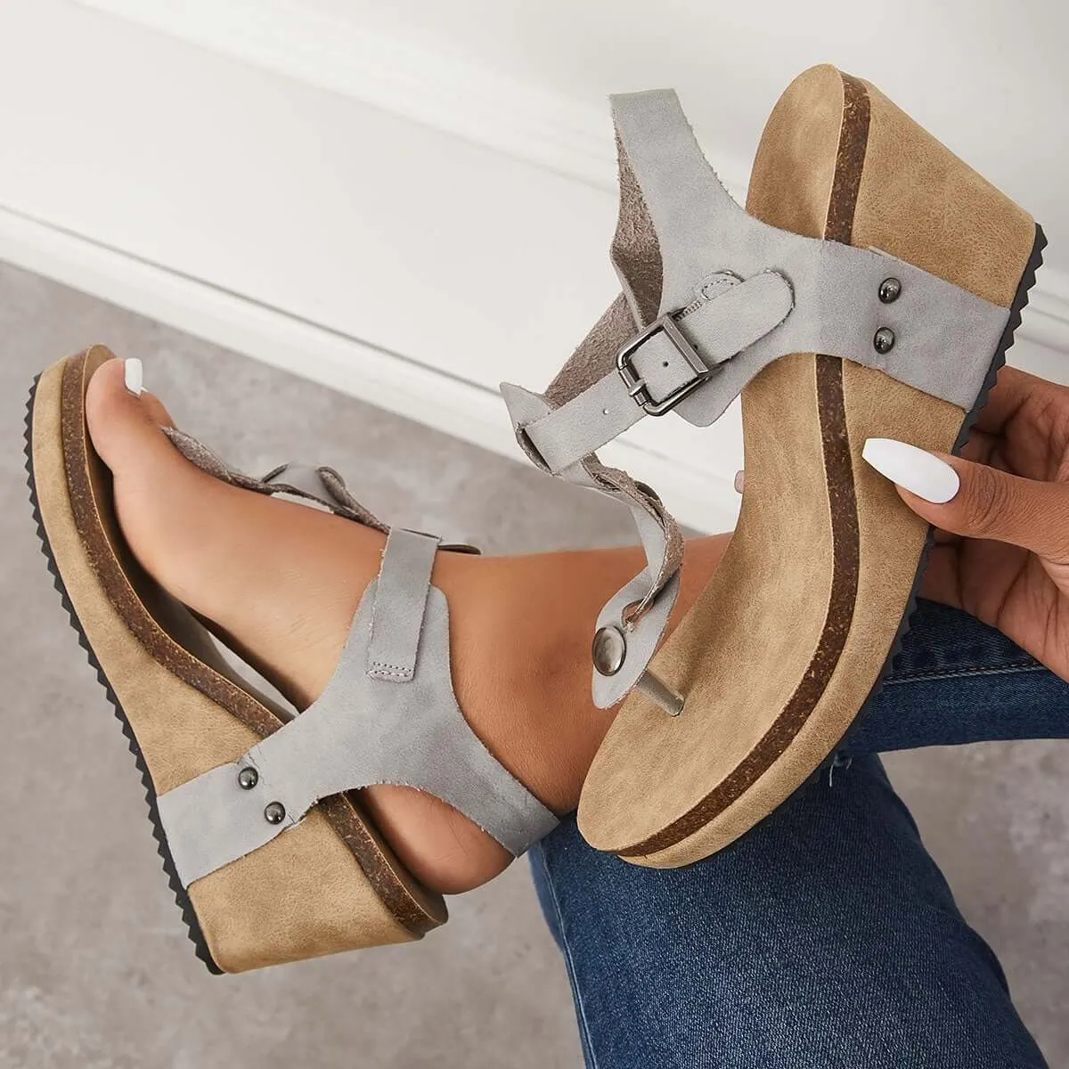 Sohiwoo Women Boho Braided T-Strap Sandals Cork Platform Wedges