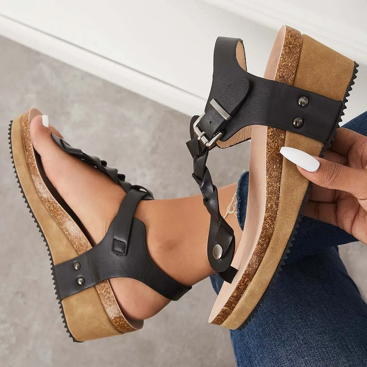 Sohiwoo Women Boho Braided T-Strap Sandals Cork Platform Wedges
