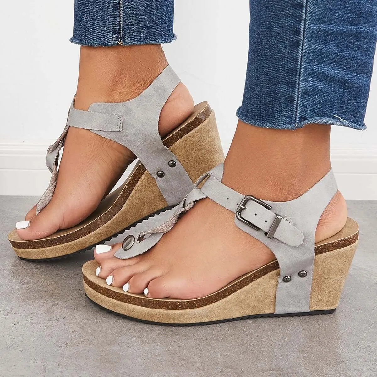 Sohiwoo Women Boho Braided T-Strap Sandals Cork Platform Wedges