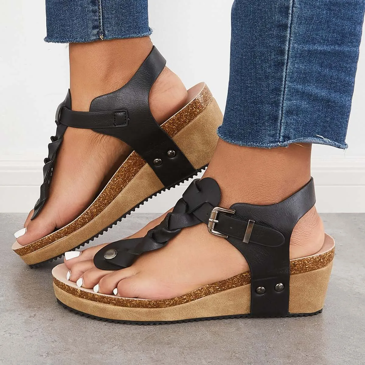Sohiwoo Women Boho Braided T-Strap Sandals Cork Platform Wedges