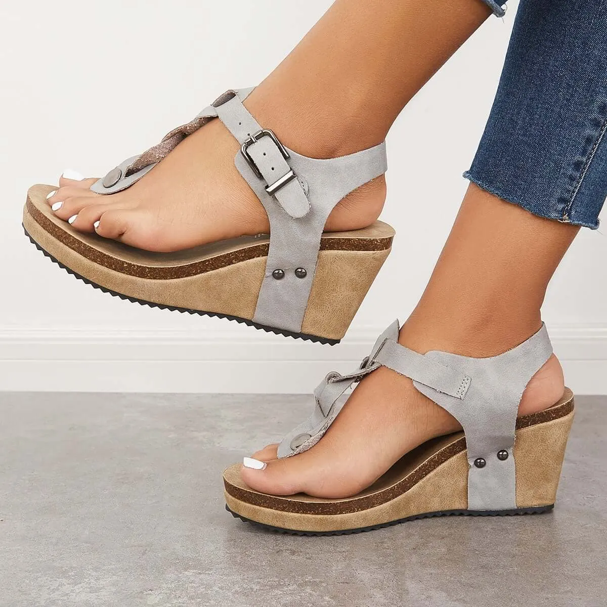 Sohiwoo Women Boho Braided T-Strap Sandals Cork Platform Wedges