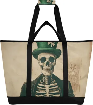 Stpatricks Day Skeleton Hat Large Insulated Tote Bag for Grocery Shopping Reusable Tote Bags for Women Men, Cooler Bag with Zippered Top & Handles for Beach Picnic Travel