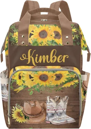 Sunflower Wood Cowboy Hat Boot Personalized Diaper Backpack with Name,Custom Travel DayPack for Nappy Mommy Nursing Baby Bag One Size