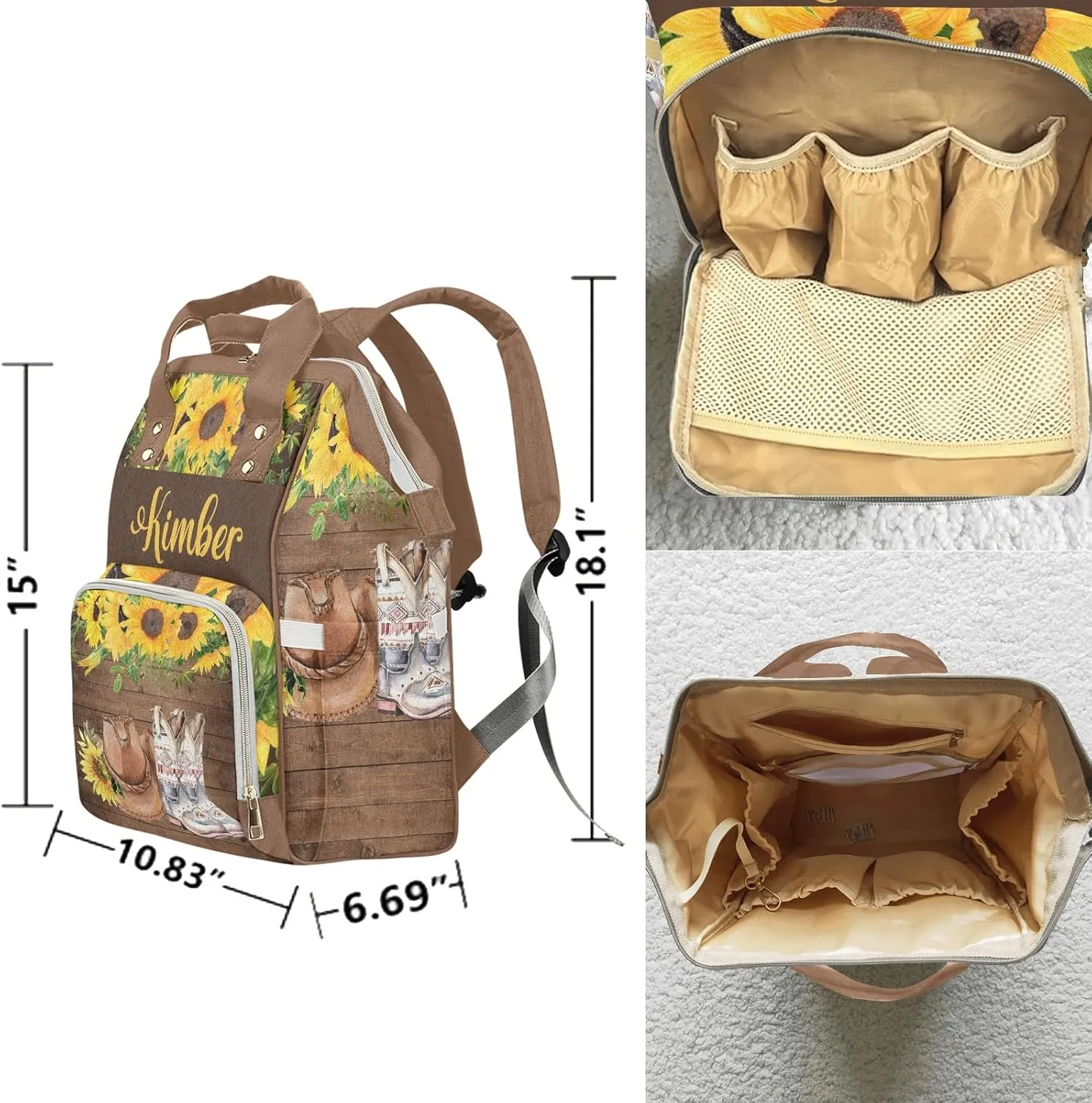 Sunflower Wood Cowboy Hat Boot Personalized Diaper Backpack with Name,Custom Travel DayPack for Nappy Mommy Nursing Baby Bag One Size