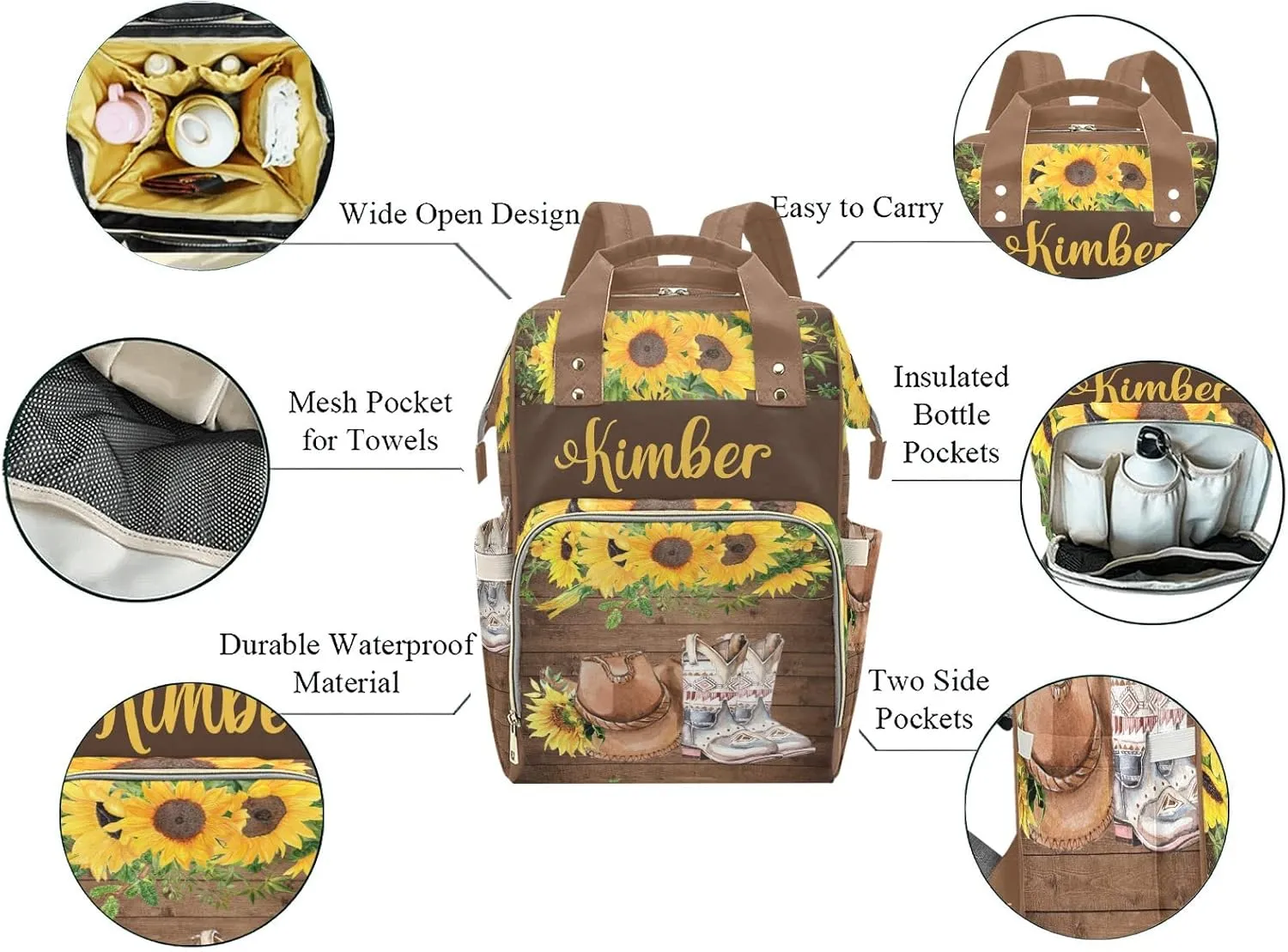 Sunflower Wood Cowboy Hat Boot Personalized Diaper Backpack with Name,Custom Travel DayPack for Nappy Mommy Nursing Baby Bag One Size
