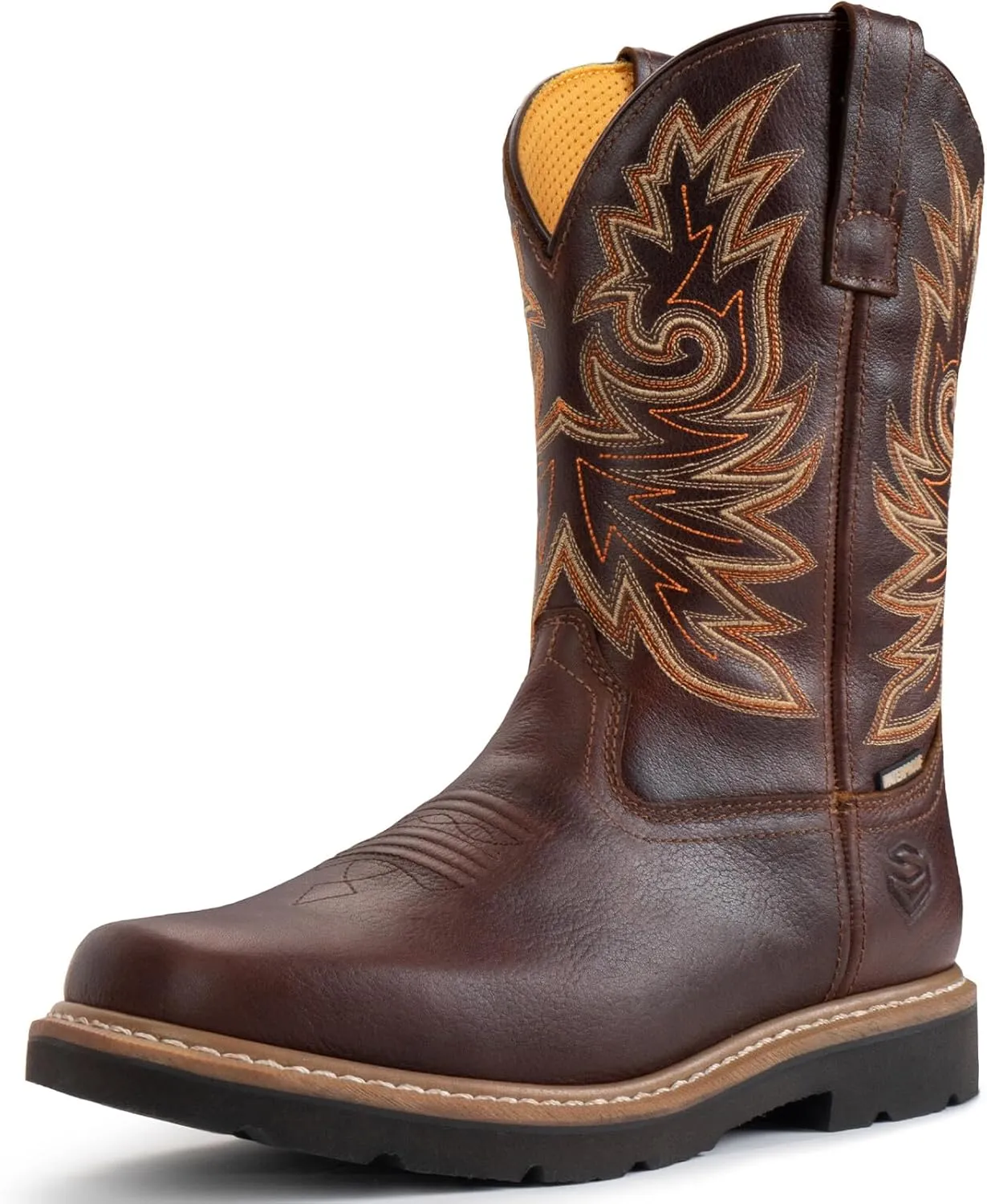SUREWAY Cowboy Boots for Men,Full Grain Leather Square Toe Men's Western Boots with Classic Embroidered,Soft/Steel Toe Waterproof Pull on Work Boots Oil/Slip Resistant,Soft Toe Dark Brown,Size 7.5