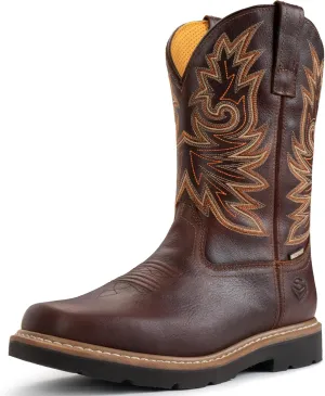 SUREWAY Cowboy Boots for Men,Full Grain Leather Square Toe Men's Western Boots with Classic Embroidered,Soft/Steel Toe Waterproof Pull on Work Boots Oil/Slip Resistant,Soft Toe Dark Brown,Size 7.5