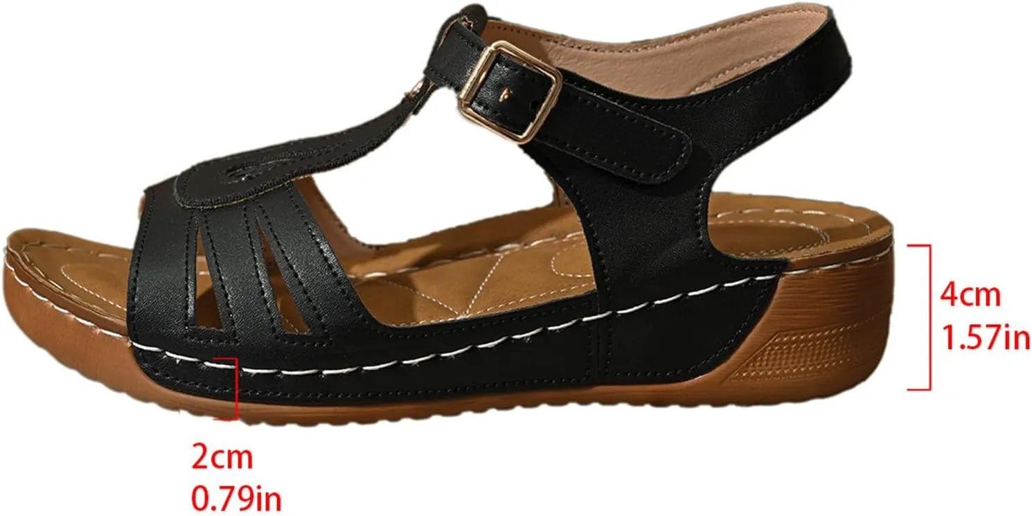 T-Strap Wedge Sandals for Women Dressy Comfort Arch Support Walking Shoes Summer Open Toe Buckle Beach Sandals 2025