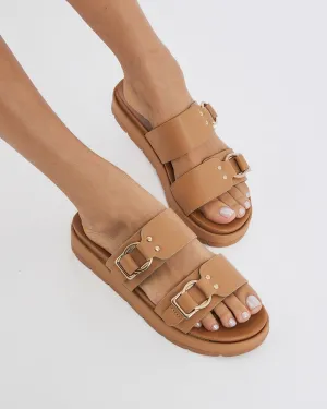 Tan neutral sandals for relaxed, yet stylish looks